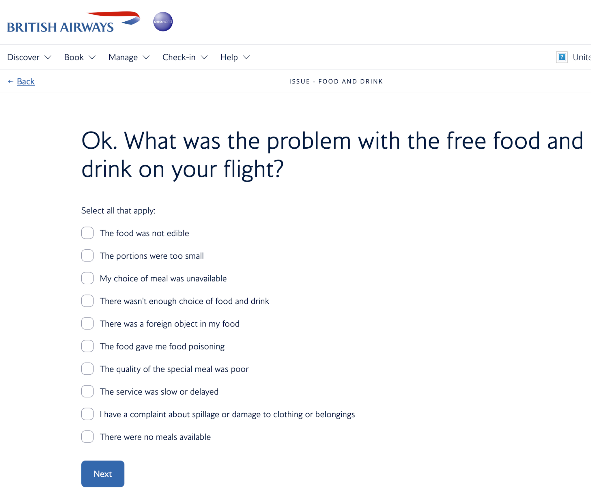 A screenshot of a BA reporting tool listing food poisoning as a pre-defined complaint