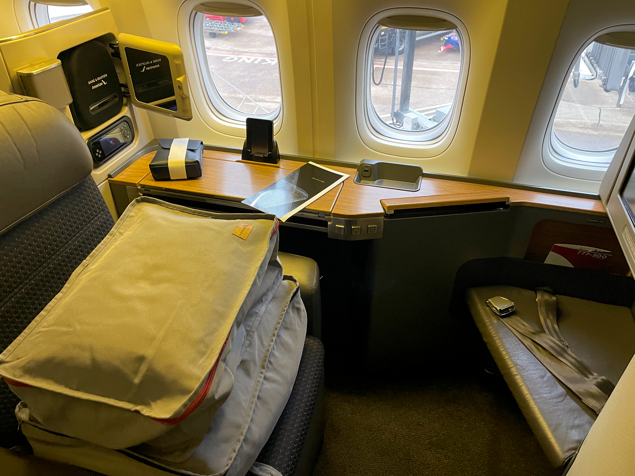A first class seat on an American Airlines 777-300ER