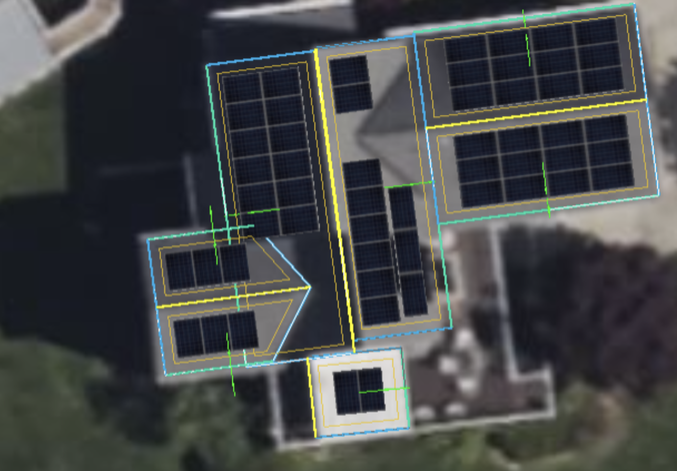 A satellite picture of a roof covered in solar panels