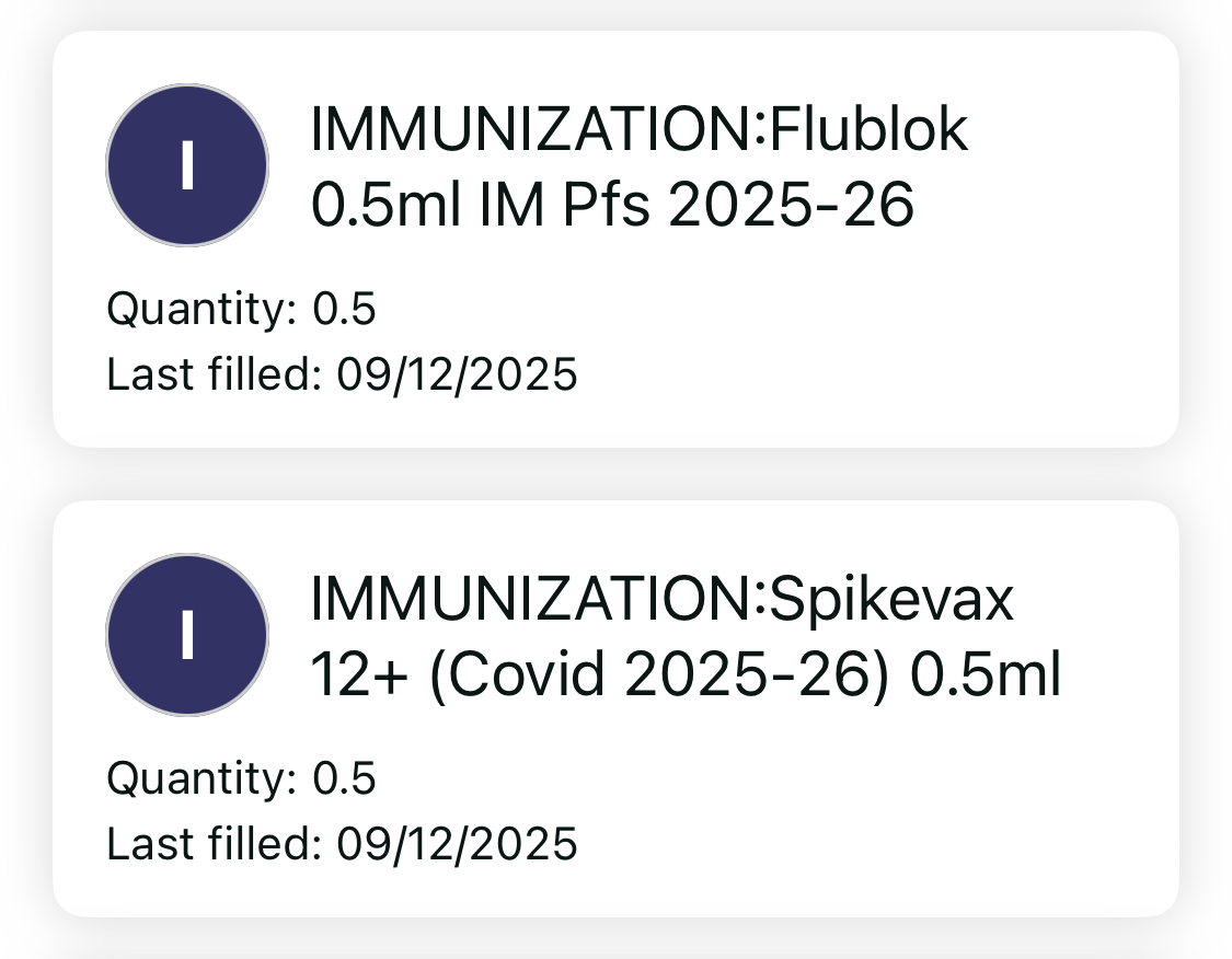 Screenshot of vaccination record showing both Spikevax and flu given on September 12th