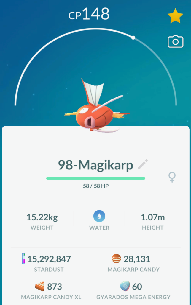 Screenshot of a Magikarp showing over 28,000 candy