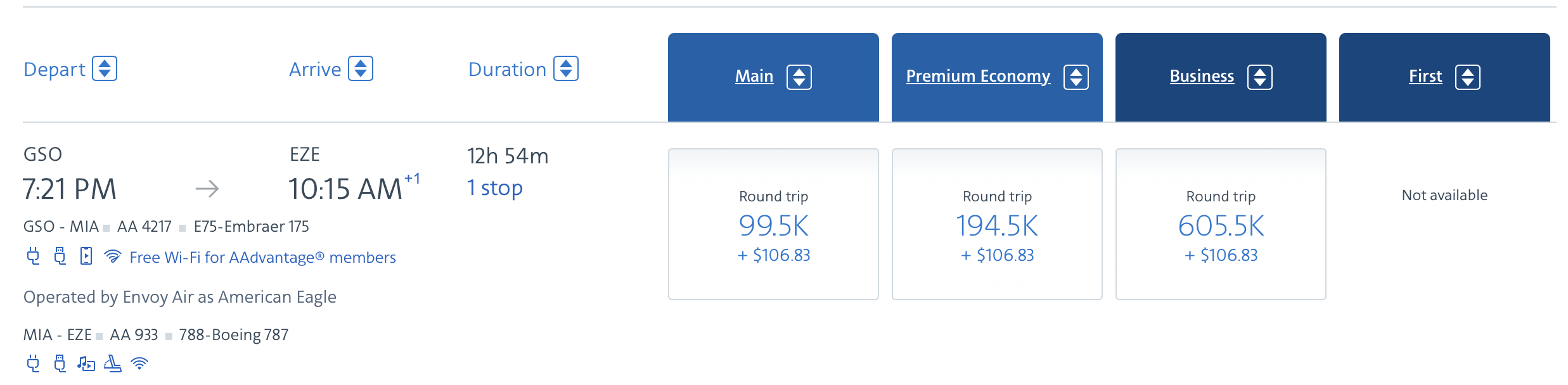A screenshot showing miles cost for various classes of service