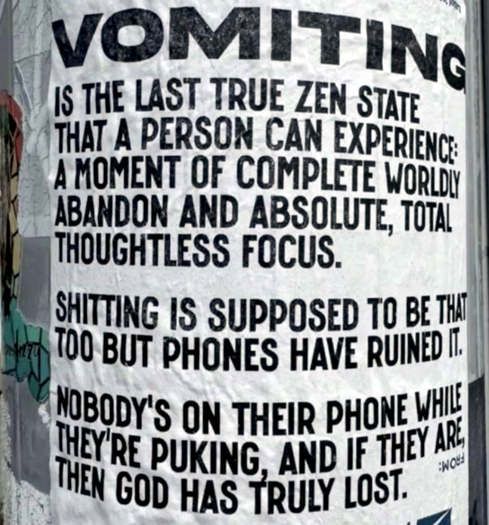 A poster on a telephone pole talking about how vomiting is the only Zen experience left