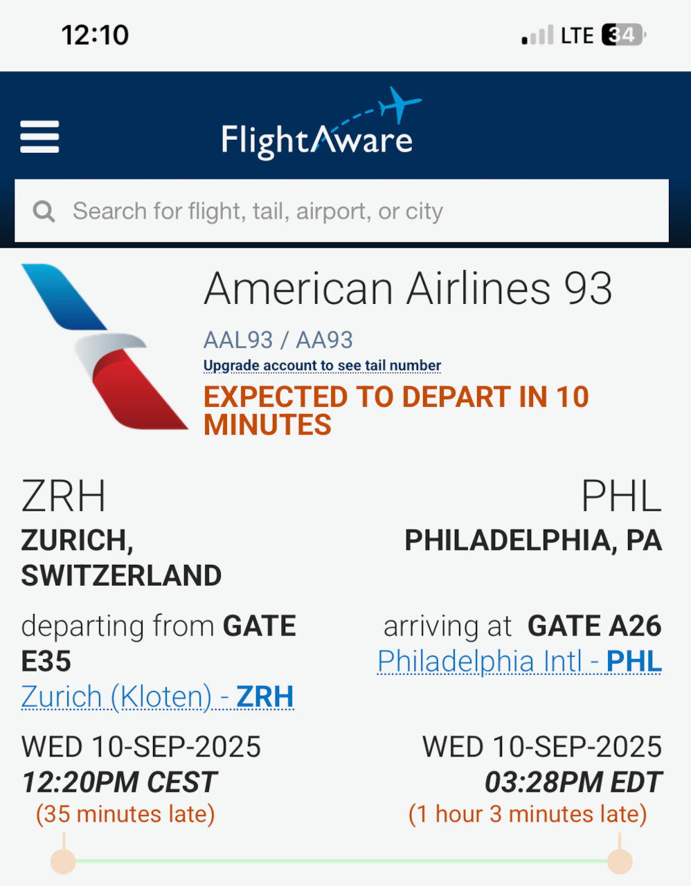 Screenshot showing original flight delayed