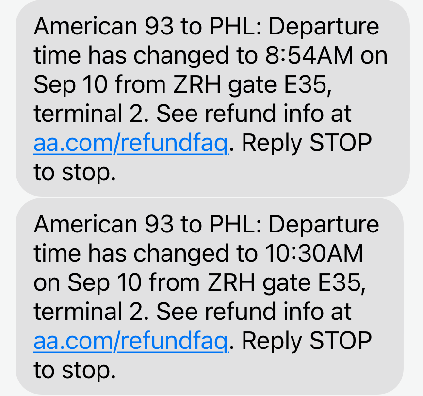 Screenshot of new departure times