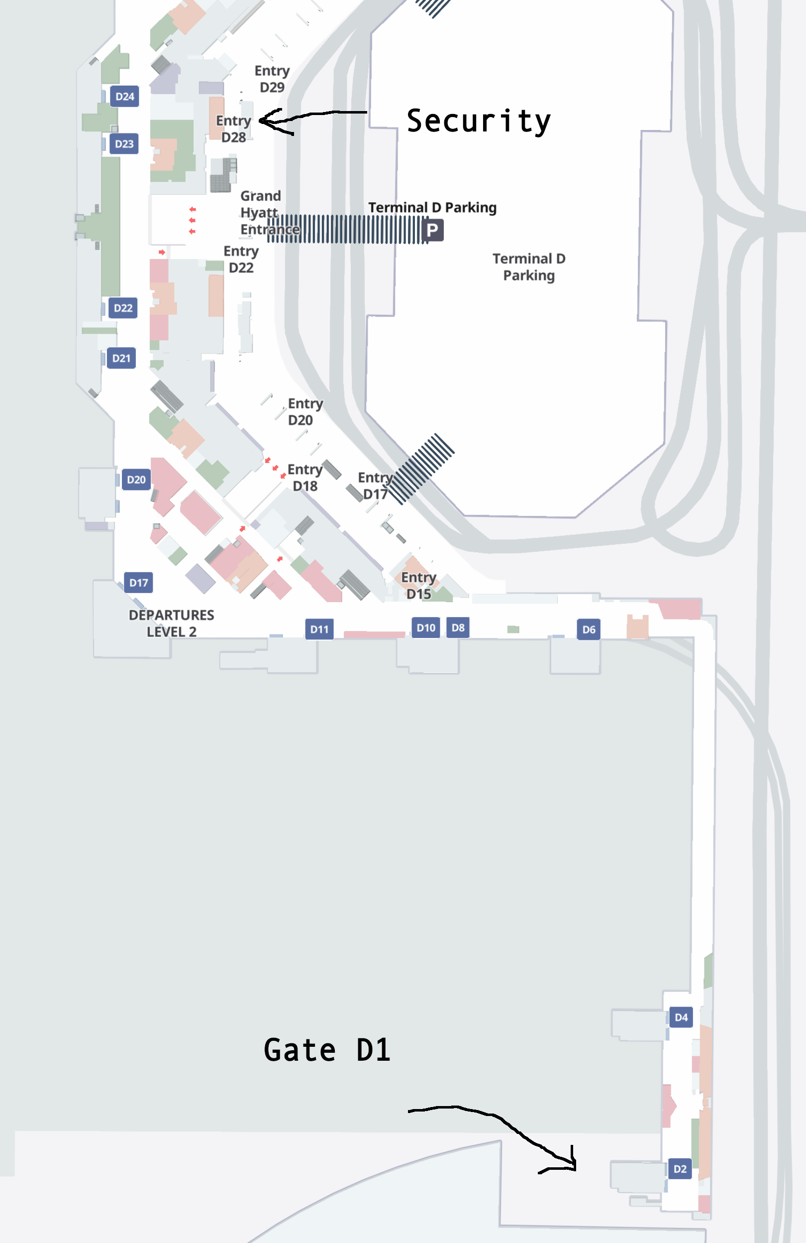 Screenshot of a Terminal D Map showing distance to Gate D1