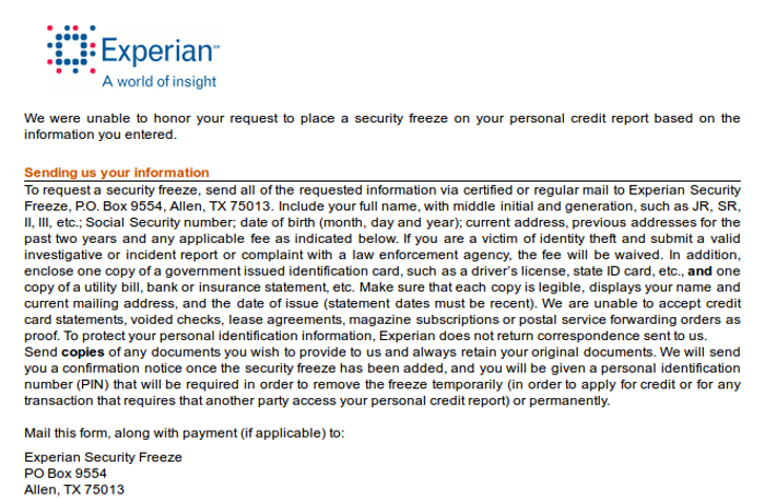 experian credit freeze lost pin