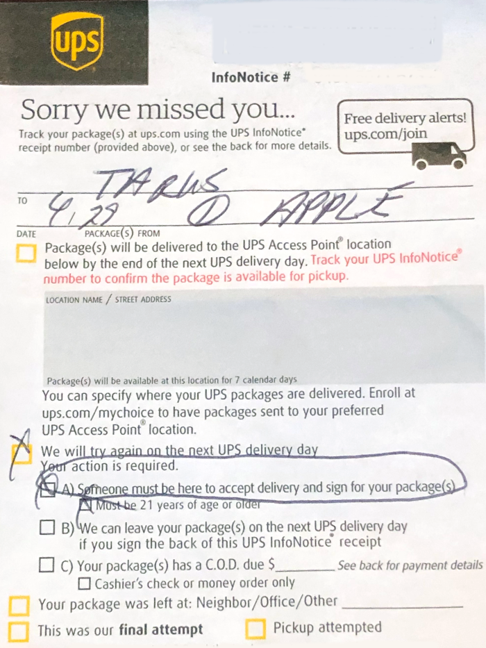 UPS Apple Card Delivery Notice