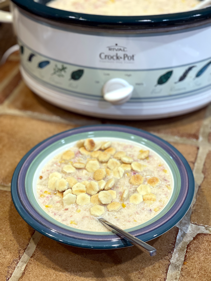 Ham Chowder in Bowl topped with Oyster Crackers