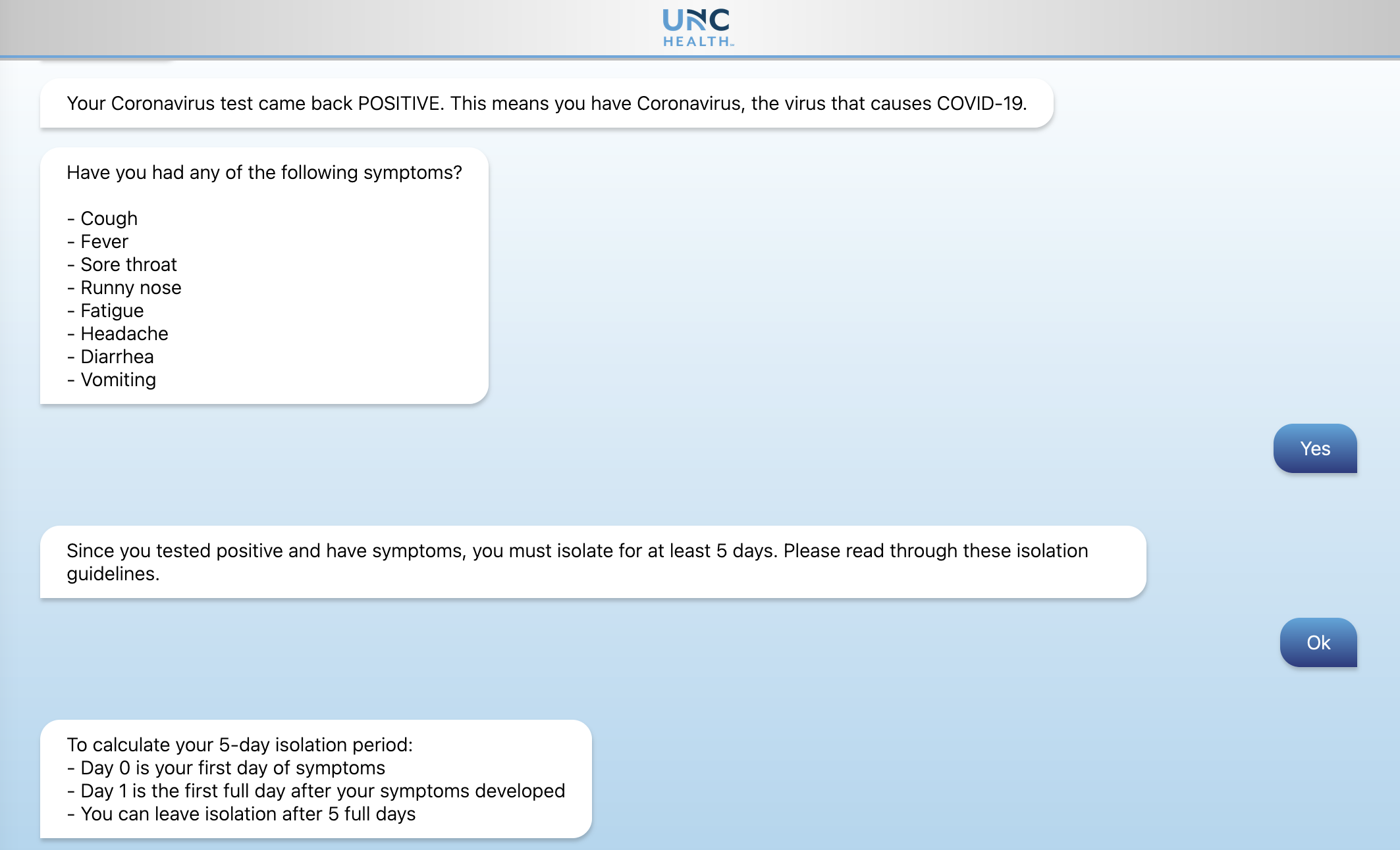 UNC COVID Chat Screenshot